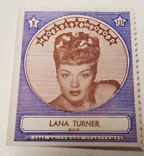 Lana Turner 1947 Movie Star Stamp Sticker Trading Card Hollywood Legends - Afbeelding 1 van 2