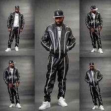 Men's Brayden Leather Track Suit Sweatsuit Black/White 