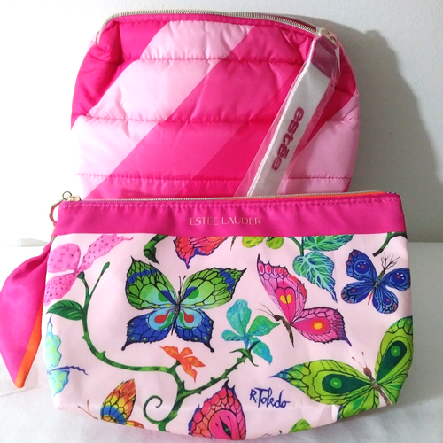 Lot of 2 ESTEE Lauder Cosmetic Bag Pink Flowers AND Striped Makeup Case