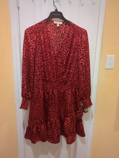 Michael Kors Women's Plus Size 2X Long Sleeve Satin Wildcat Smock Dress