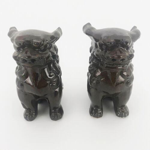 Antique Chinese Foo Dog Pair Temple Guardians Fu Lions 4” Ceramic Figurines Vtg
