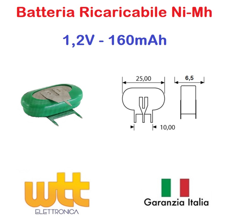 Batteria ricaricabile Ovale NI-MH 1,2V 160mAh circuito stampato 25x6.5x14.5mm