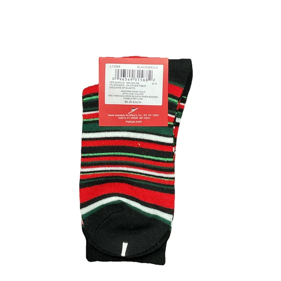 Charter Club Womens Black Red Green White Stripe Crew Socks Sz 9-11 - Image 2 of 2