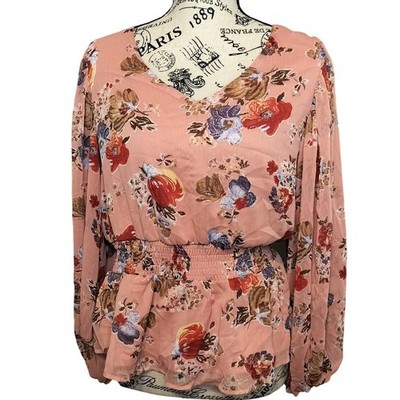 Philosophy Pink Floral Smocked Waist V Neck Balloon Sleeve Peplum Blouse Size M
