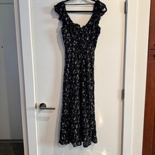 Reformation Imala Floral Midi Dress Black Corset Ruffle Zip Short Sleeve Sz 4