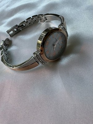 Anne Klein Rose Gold Silver Rhinestone Watch Bracelet New Battery Works Great
