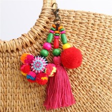 1PC Boho Flower Charm Keychain Colorful Wooden Beads Pom Pom Keyring, Cute