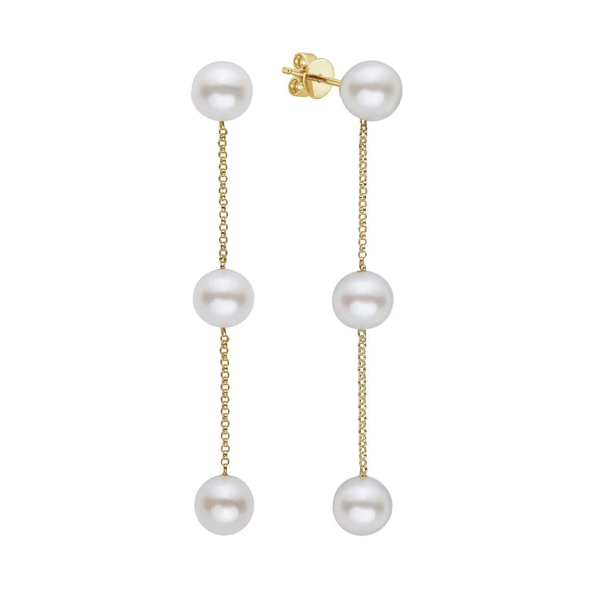 Solid 14K Yellow Gold Freshwater Cultured Pearl Dangle Earrings 6-7mm Women's