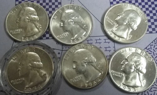 Lot Of Six Silver Washington Quarters 1948-1964-D Gem BU