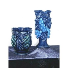 Vintage Blue Porcelain CERAMIC Vases/Jars JAPAN ROSSINI set of 2 Grapes, leaves