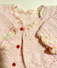 Hand Crocheted Baby Sweater Girl 3-6M Pink Button Up Picot Trim Cardigan New 