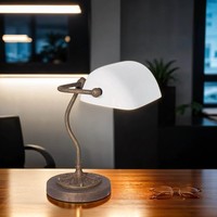 Handgefertigte Bankerlampe In Bronze Antik Weiß Aus Messing Glas Tischleuchte