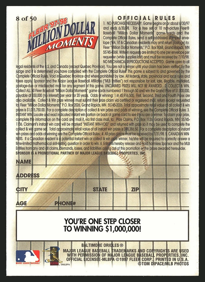 1997 Fleer Million Dollar Moments Cal Ripken Jr. #8     RDM - Image 2 of 2