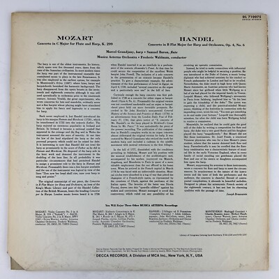 Marcel Grandjany Mozart & Handel Harp Concertos Vinyl LP Record Marcel Grandjany Mozart & Handel Harp Concertos Vinyl LP Record