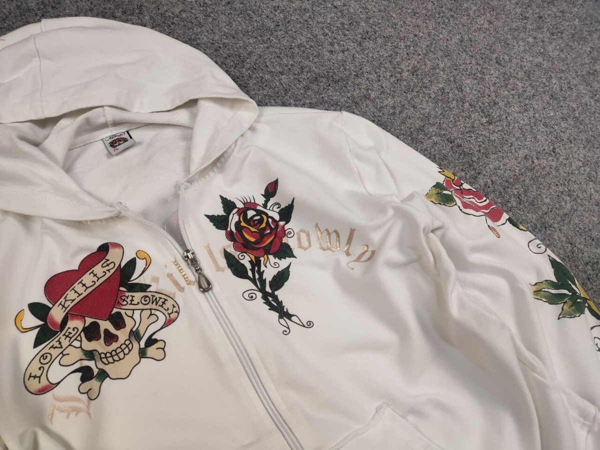 Vintage Ed Hardy Designs White Tattoo Logo Zip Hoodie Y2K Style | eBay