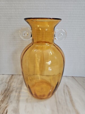 MCM Style Gorgeous Designs Optic Glass Amber w Clear Applied Handle Round Vase