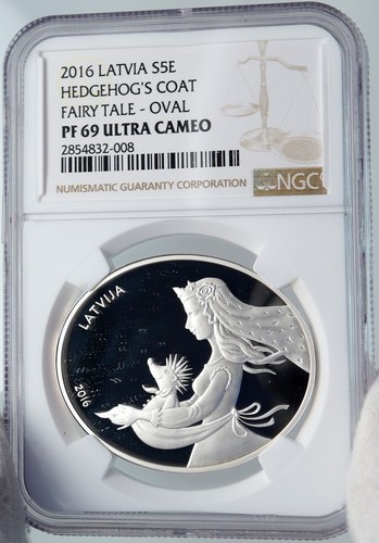 2016 LATVIA Fairy Tale Princess Hedgehog OVAL PROOF Silver 5Euro Coin NGC i89225 - Picture 3 of 5