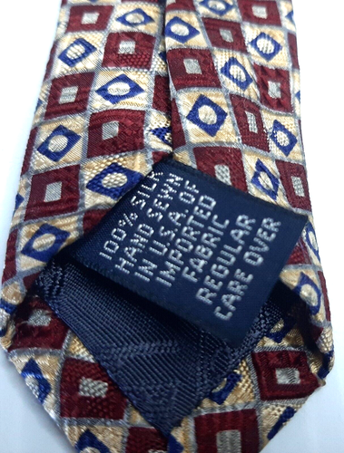 Cravatta Rountree & Yorke 100% seta marrone oro blu motivo geometrico - Foto 5 di 10