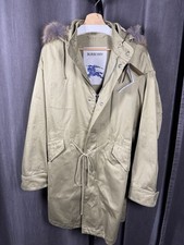 Burberry Faux Fur Cotton Parka Hunter Light Green Parka Jacket Womens XS BNWT