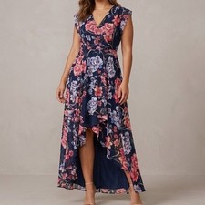 Eliza J Cottagecore Floral Maxi Dress Women 10 Navy Pink Ruffle Wedding Guest
