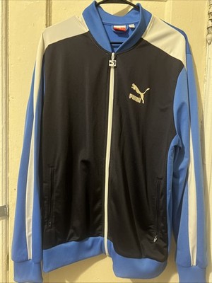 Men PUMA Athletic Blue White Full Zip Jacket Size Large Long Sleeve