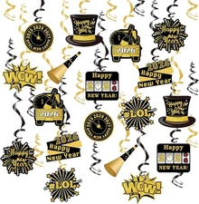 Happy New Year Hanging Swirls Decorations, 30 pcs Black Gold Years Eve... 