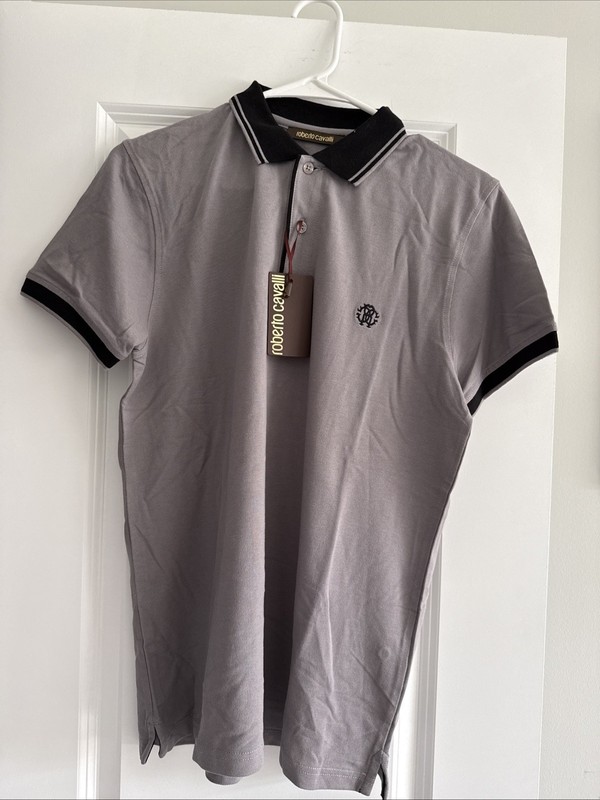 NWT ROBERTO CAVALLI Two Tone PIQUE POLO SHIRT Gray Black MEDIUM (see Notes)