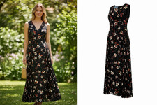 Prada Black, Orange & White Floral Silk Blend V Neck Pleat Skirt Midi Dress UK 6