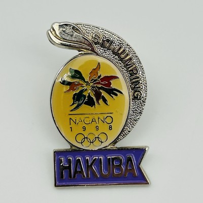 VINTAGE Nagano Olympics Pin Button Japan Silver Tone Antique Hakuba Ski Jumping