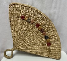 Hand Woven Natural straw Fan W Palm Leaf Flowers Small Loop For Holding