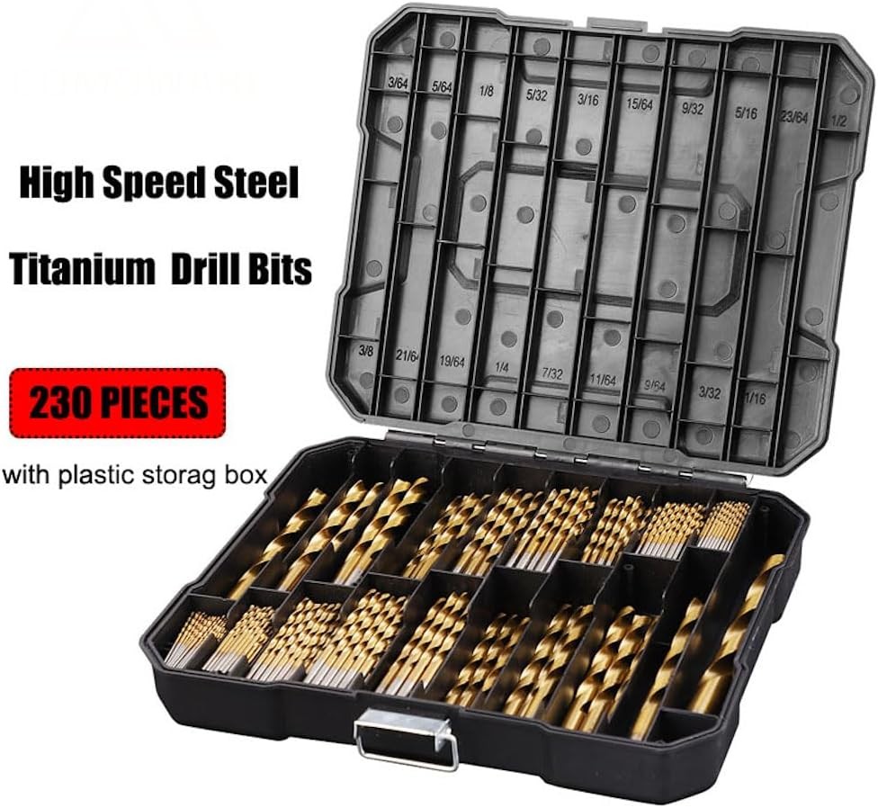 230Pcs HSS Drill Bit Set Jobber Twist Flute Titanium Coated Drill Metal Steel
