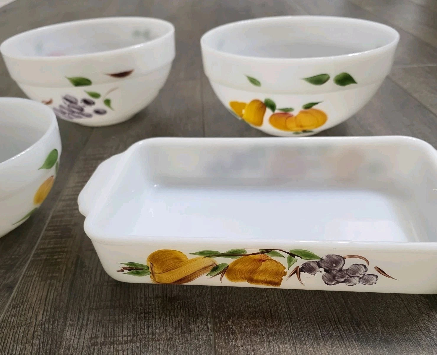 Vintage Fire King Gay Fad Mixing Bowls Set of 3 Fruit Pattern Milk Glass