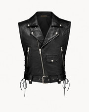Men's Black Leather Biker Vest Sleeveless Motorcycle Waistcoat Belted Punk