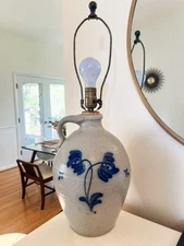 Vintage Rowe Pottery Works Stoneware Handled Jug Table Lamp 24.5 With Harp Large