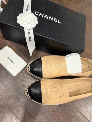 AUTHENTIC CHANEL LAMBSKIN LEATHER TAN & BEIGE LEATHER CAP TOE ESPADRILLES