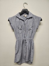 Striped Cotton Blend Dress XS Button Front Drawstring Waist Turn Cuff Sleeve