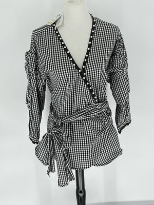 NWT NY Collection Women Large Wrap Blouse Pearl Trim Balloon Sleeves Black/White