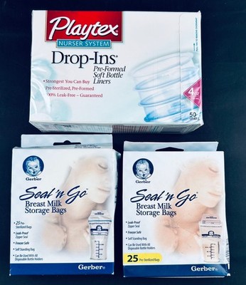 50EA PLAYTEX NURSER DROP IN LINERS 4oz GERBER SEAL N GO BREAST MILK STORAGE BAGS