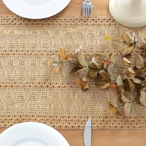 Boho Table Runner Macrame Table Runner Farmhouse 12"W x 71"L Burlap Brown - Picture 5 of 8