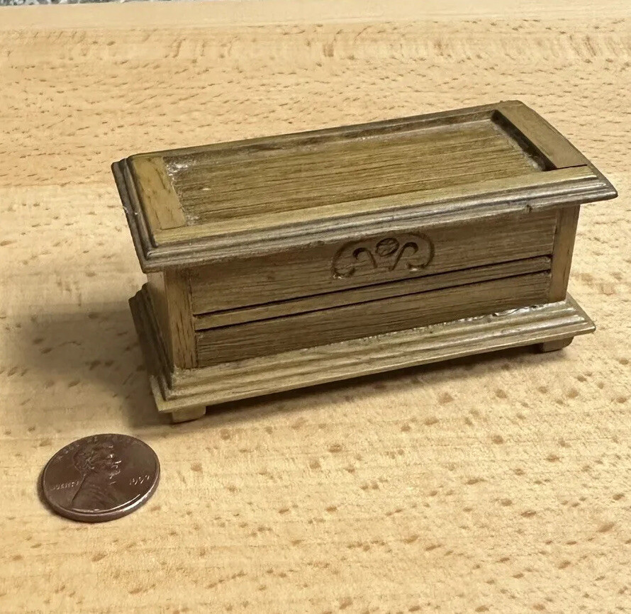 Vintage Artisan Dollhouse Miniature Blanket Chest Trunk Carved Wood Furniture