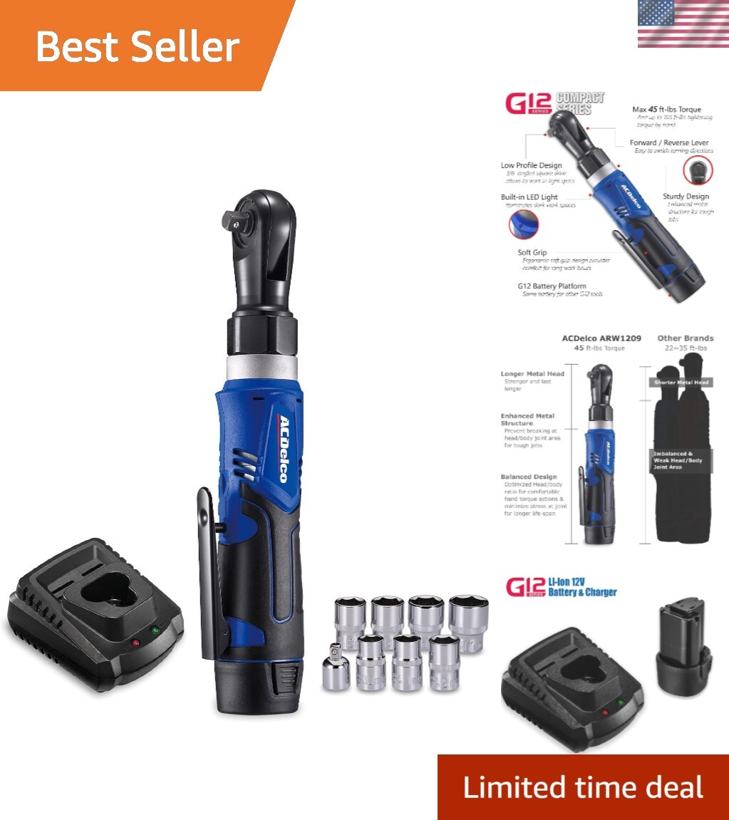 ACDelco G12 Li-ion Cordless 3/8” Ratchet Wrench Kit – 45 ft-lbs