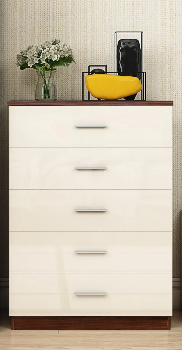 REFLECT High Gloss Bedroom Furniture Range Tall 5 Drawer Chest Cream Walnut