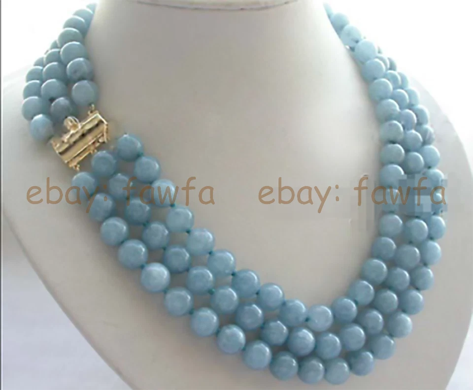 3 Rows 8mm Natural Brazil Blue Aquamarine Round Gemstone Beads Necklace 17-19'' - Image 3 of 3