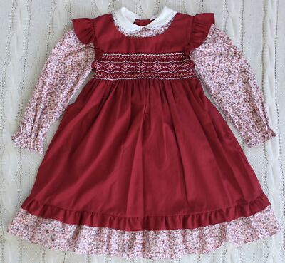burgundy smocked dress Girls Long Sleeve Corduroy Embroidered Smocked Dress Burgundy 6Y main image 0