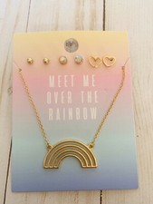 Rainbow Necklace 3 Pierced Earring Set Gift Girl Teen Gold Tone