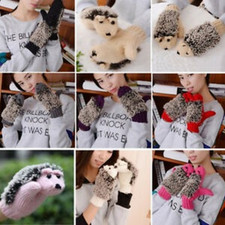 Winter Warm Knitted Mittens Women Cute Hedgehog Fleece Lined Cotton Gloves