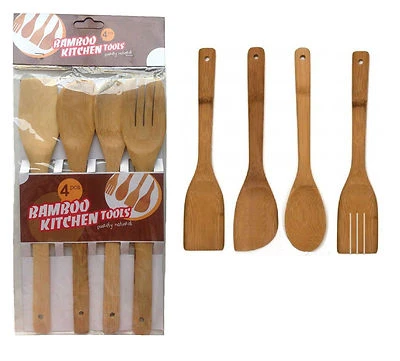 CK COLLECTION LTD 4 x Piece Bamboo Wooden Kitchen Cooking Utensils Set Tools Spatula Spoon Turner