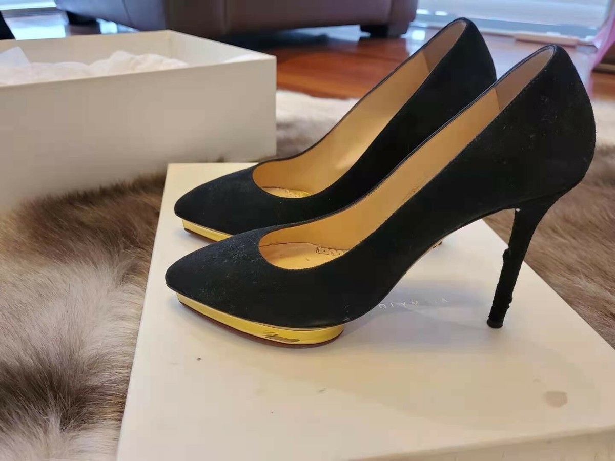 Charlotte Olympia Debbie Platform Pumps Heels Black Suede Metallic
