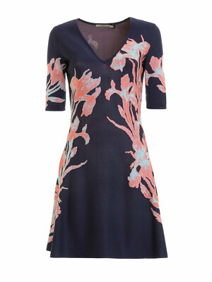 NWT ROBERTO CAVALLI IRIS PATTERN BLUE JACQUARD FLARED SHORT DRESS Sz 8