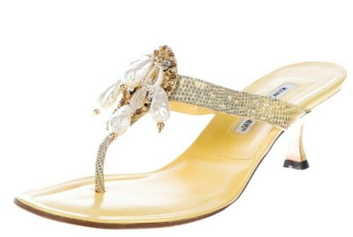 $895 NEW Manolo Blahnik TALIATHONG Kitten Heels PEARLS Gold LIZARD Sandals 40.5 - Picture 1 of 9